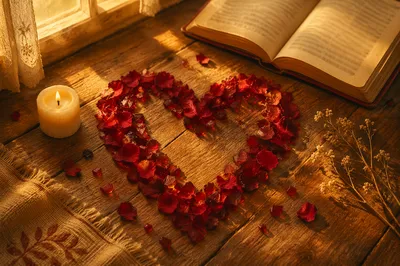 Red Petal Heart on Wooden Table