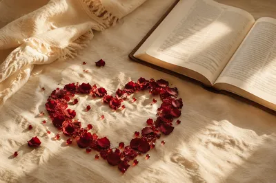 Red Petal Heart on Linen Cloth