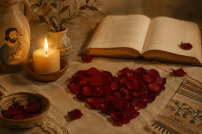 Red Rose Petal Heart With Candlelight