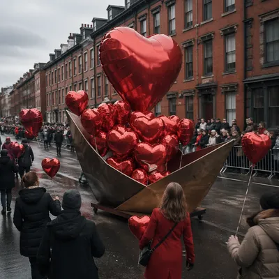 Red Heart Balloons in Urban Procession