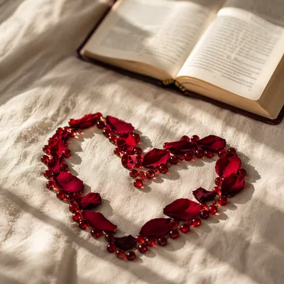 Red Petal Heart on Linen Cloth