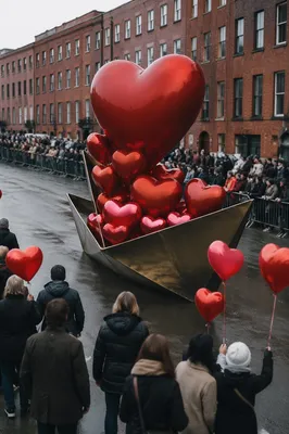 Red Heart Balloon Procession with Bronze Boat Float