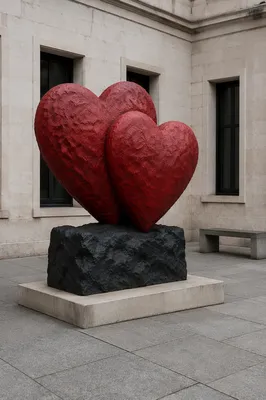 Red Heart Sculpture in Quiet Courtyard
