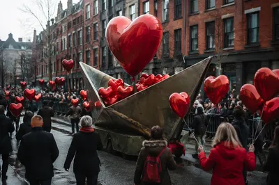 Red Heart Balloon Parade on Rainy Street