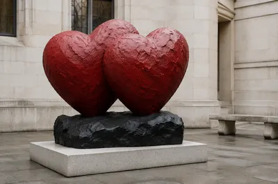 Red Heart Sculpture in Quiet Courtyard