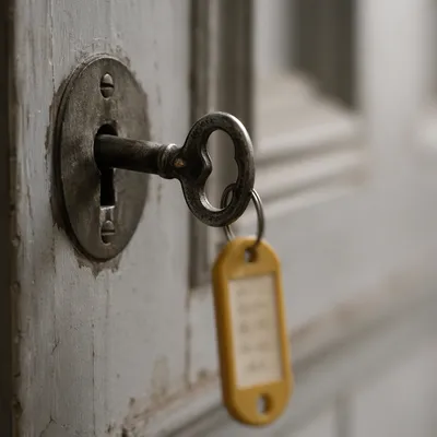 Worn Key in Door Lock Close Up