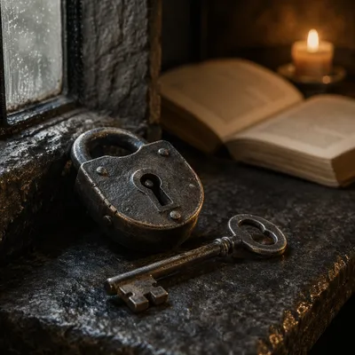 Aged Key and Lock in Candlelit Reflection