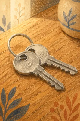 Silver Keys on Warm Wooden Tabletop