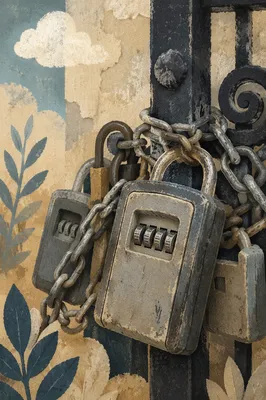 Weathered Padlocks on Chained Iron Gate