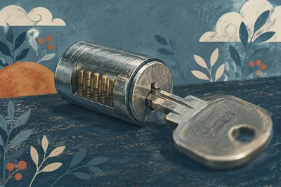 Macro Metal Key in Abstract Security Lock
