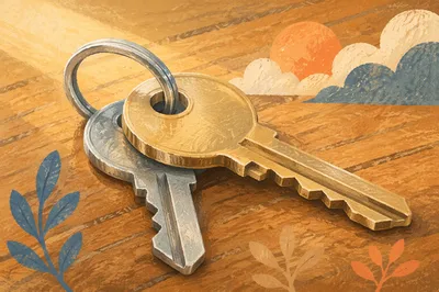 Abstract Metal Keys on Wooden Table