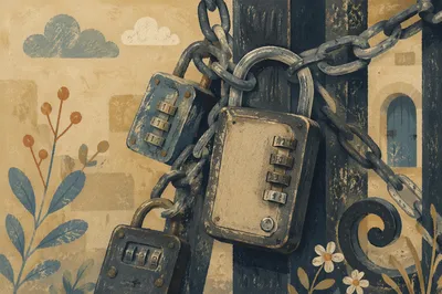 Weathered Padlocks on Iron Gate