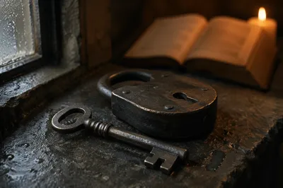 Aged Key and Lock in Candlelit Reflection
