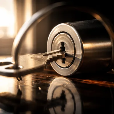 Metal Key in Lock with Warm Reflections