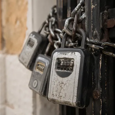 Weathered Locks and Chains on Iron Gate