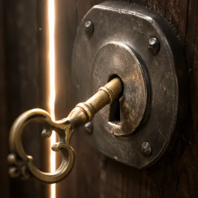 Aged Brass Key in Secure Door Lock