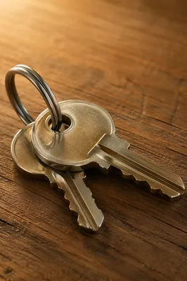 Macro Metal Keys on Wooden Table