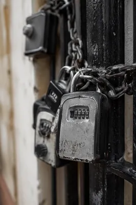Weathered Padlocks on Chained Iron Gate