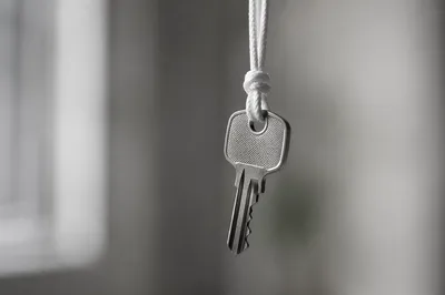 Monochrome Metal Key Suspended on White Cord