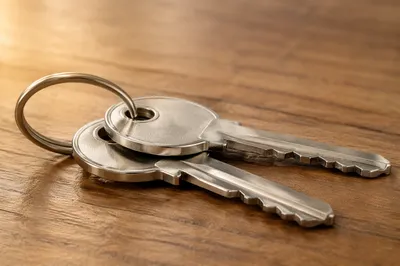 Silver Keys on Warm Wooden Table