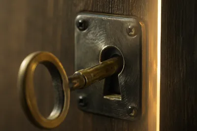 Aged Brass Key in Secure Metal Lock