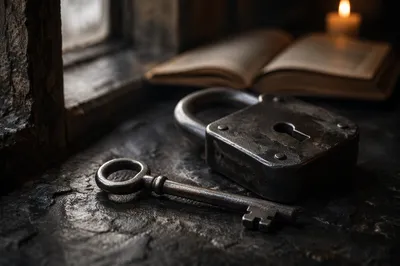 Aged Key and Lock in Candlelight