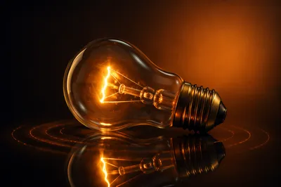 Glowing Light Bulb on Dark Reflection