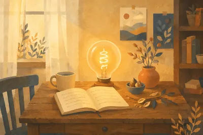 Glowing Light Bulb Idea on Wooden Desk