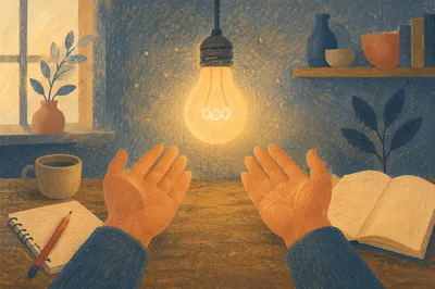 Glowing Light Bulb Above Open Hands