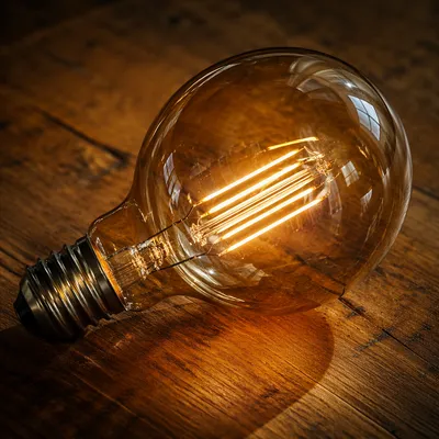 Glowing Vintage Light Bulb on Wood