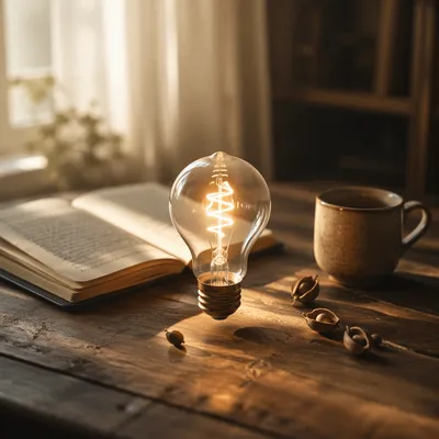 Glowing Light Bulb Idea in Sunlit Study