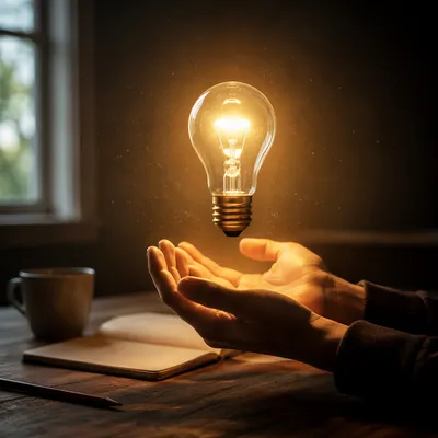 Glowing Light Bulb Held Above Open Hands