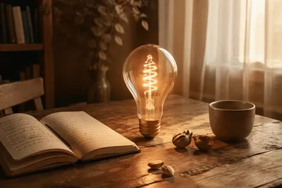 Glowing Light Bulb Idea on Wooden Desk