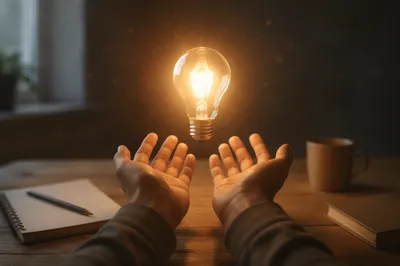 Glowing Light Bulb Held Above Open Hands