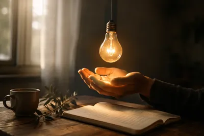 Glowing Light Bulb Idea Above Open Hands