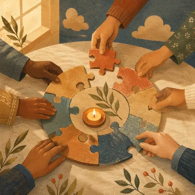 Hands Completing Wooden Puzzle of Unity
