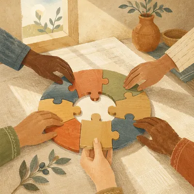 Hands Joining Wooden Puzzle Pieces in Unity