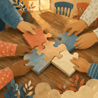 Hands Joining Wooden Puzzle Pieces in Unity