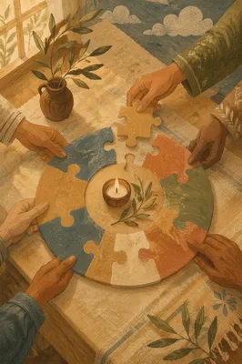 Teamwork Puzzle Around Candle and Olive Branch