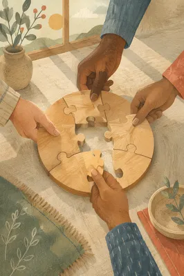 Hands Completing Wooden Puzzle Circle Together