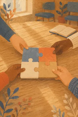 Hands Joining Wooden Puzzle Pieces in Unity