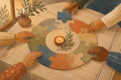 Hands Joining Wooden Puzzle in Candlelight