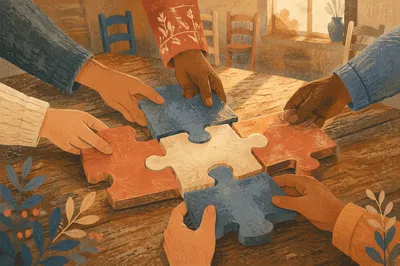 Hands Joining Wooden Puzzle Pieces in Unity