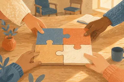 Hands Joining Wooden Puzzle Pieces