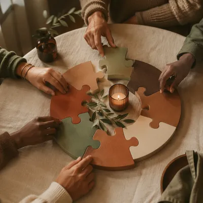 Hands Joining Wooden Puzzle Pieces in Unity