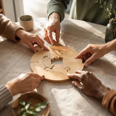 Hands Completing Wooden Puzzle of Unity