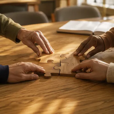 Diverse Hands Joining Wooden Puzzle Pieces