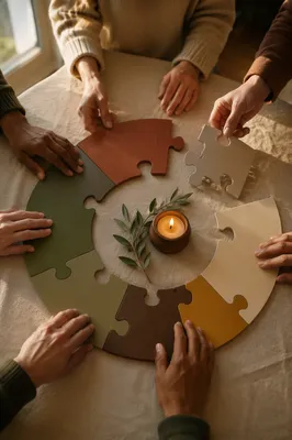 Hands Joining Wooden Puzzle Around Candle