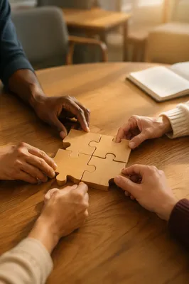 Diverse Hands Joining Wooden Puzzle Pieces
