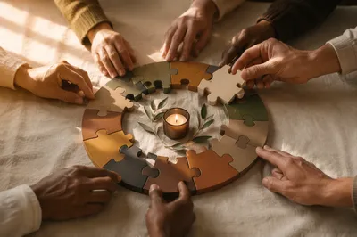 Hands Completing Wooden Puzzle Around Candle